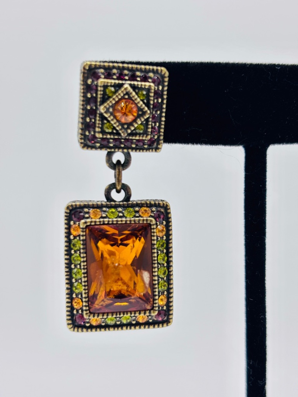 Heidi Daus Amber Swarovski Crystal Drop Earrings with Green Accent - Picture 5 of 10